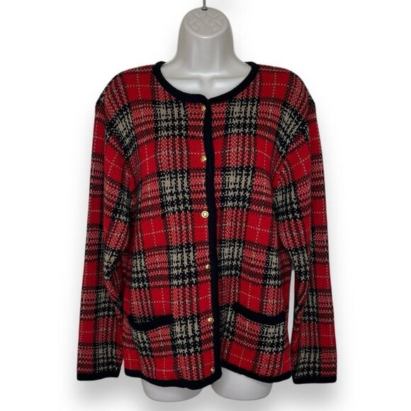 Crystal Kobe Red Plaid Cardigan Sweater Gold Button Front Pockets Women Small - Picture 1 of 10